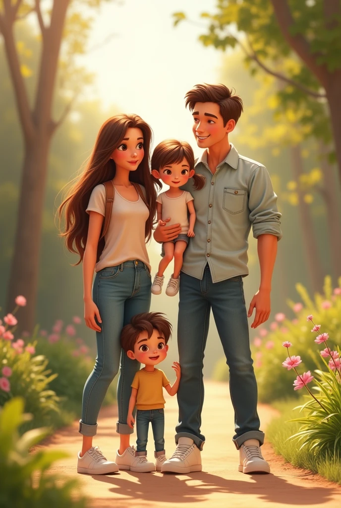 pixar style image of family; hombre con y White shoes, short brown hair,30 year old woman white skin long brown hair, with jins and blouse, White shoes.  girl, long brown hair,jins y White shoes, niño 3 años pelo corto con jins y White shoes, all together 