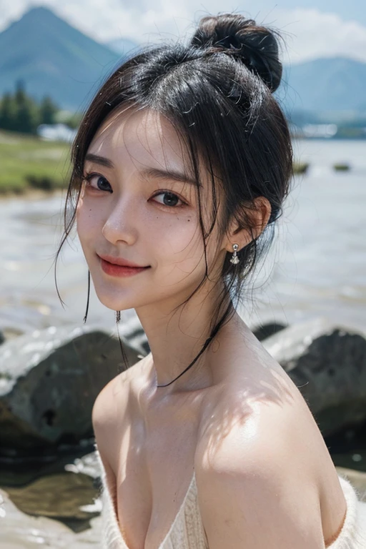 (2 pure Japanese girl,), (Small breasts:1.5,),(Mole on left side of neck:1.5),(solo,,Textured skin, Detailed skin,Detailed face,Detailed eyes,detailed posing,Natural eyebrows,Sparkling Eyes,High detail, Highest quality, Super detailed, Surrealism, ,8k,RAW Photos,Photographicism,Professional Lighting,Ray Tracing,Portrait Photography,Natural Light),(((Black Hair, Natural Makeup,Simple earrings, Low bun hairstyle,))),(((V-neck sweater,smile,Mountain top)))