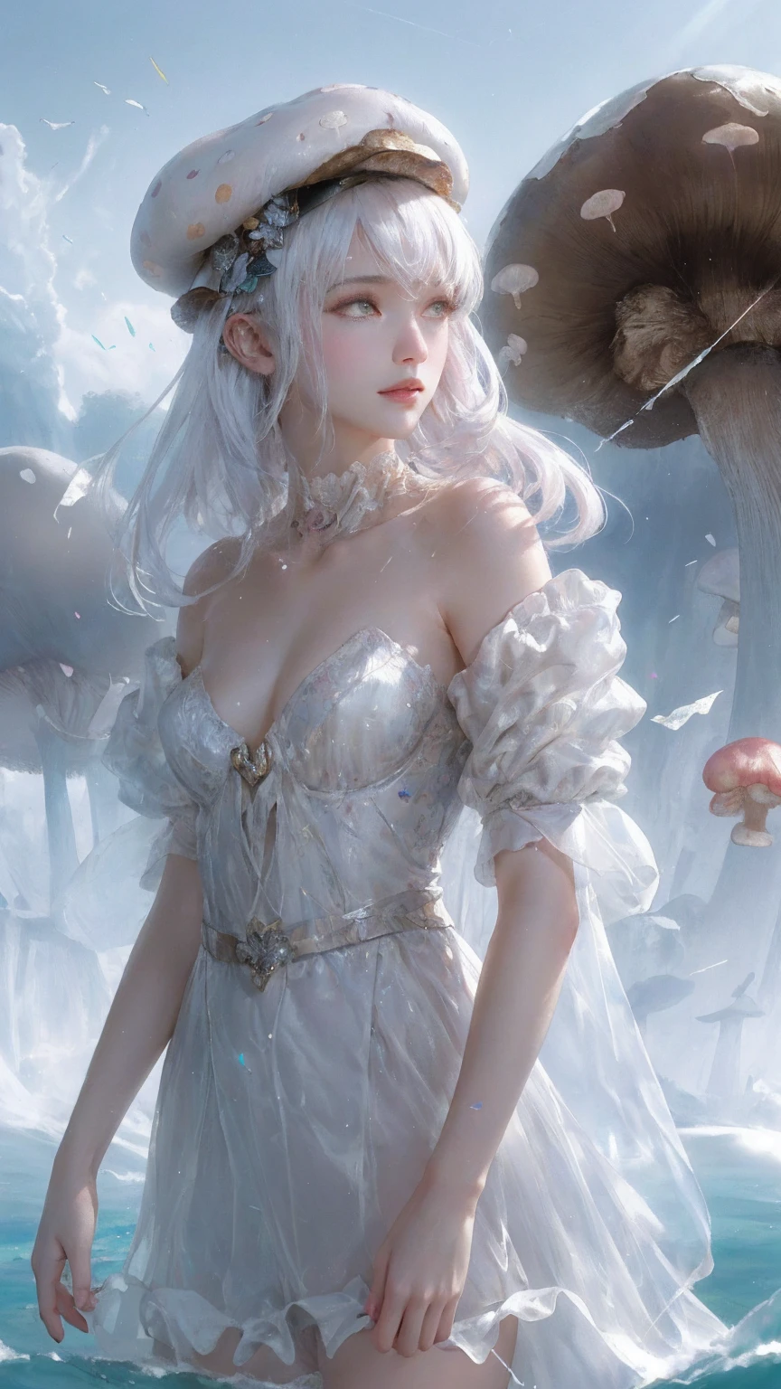 (masterpiece), (best quality), illustration, Extremely detailed, HDR, Depth of Field, (rich and colorful), ,1 Girl,Bare shoulders,Cold theme,shattered glass,Break the wall,Water Theme,White hair,Flash,White Dress,Shut up,constellation,Flat Color,Weaving,Flash,White Robe,float,Shut up,constellation,Flat Color,look up,permanent,Medium Length Hair,permanent,Solitary,In the mushroom forest,Wear (mushroom cap:1.3),big mushroom cap,spotted mushroom cap,There are a lot of white spots,