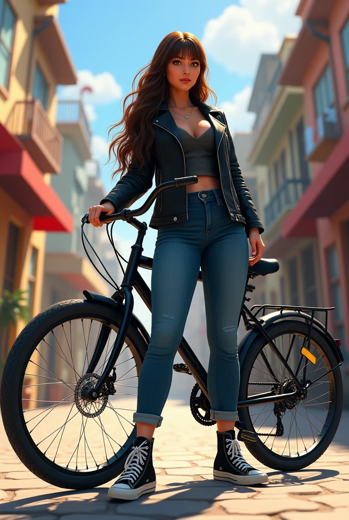 A woman of robust build and thick legs, Long wavy brown hair in layers to the elbows and straight curtain bangs. Dressed in denim jeans, black blouse, black leather jacket and black comverse boots. With a black bicycle, Disney Pixar movie digital art