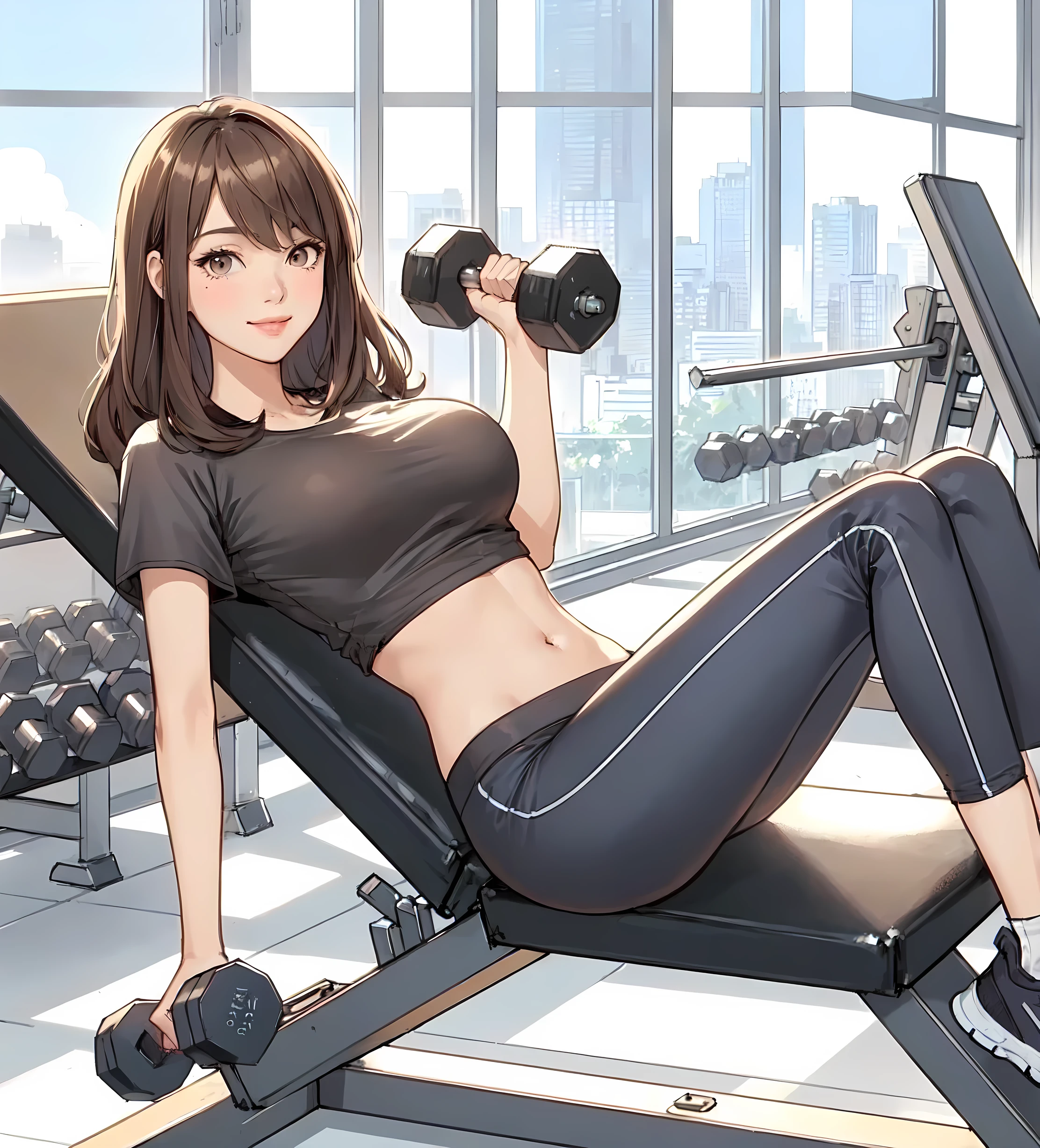 1lady solo, ((lying on back) on bench press), (holding dumbbells) with both hands (lifting up), (stylish gym outfit), (cropped top) (yoga pants), (mature female:0.8), /(brown hair/) bangs, kind smile, (masterpiece best quality:1.2) delicate illustration ultra-detailed, large breasts BREAK (fitness gym) indoors, various fitness equipment, energetic, detailed background