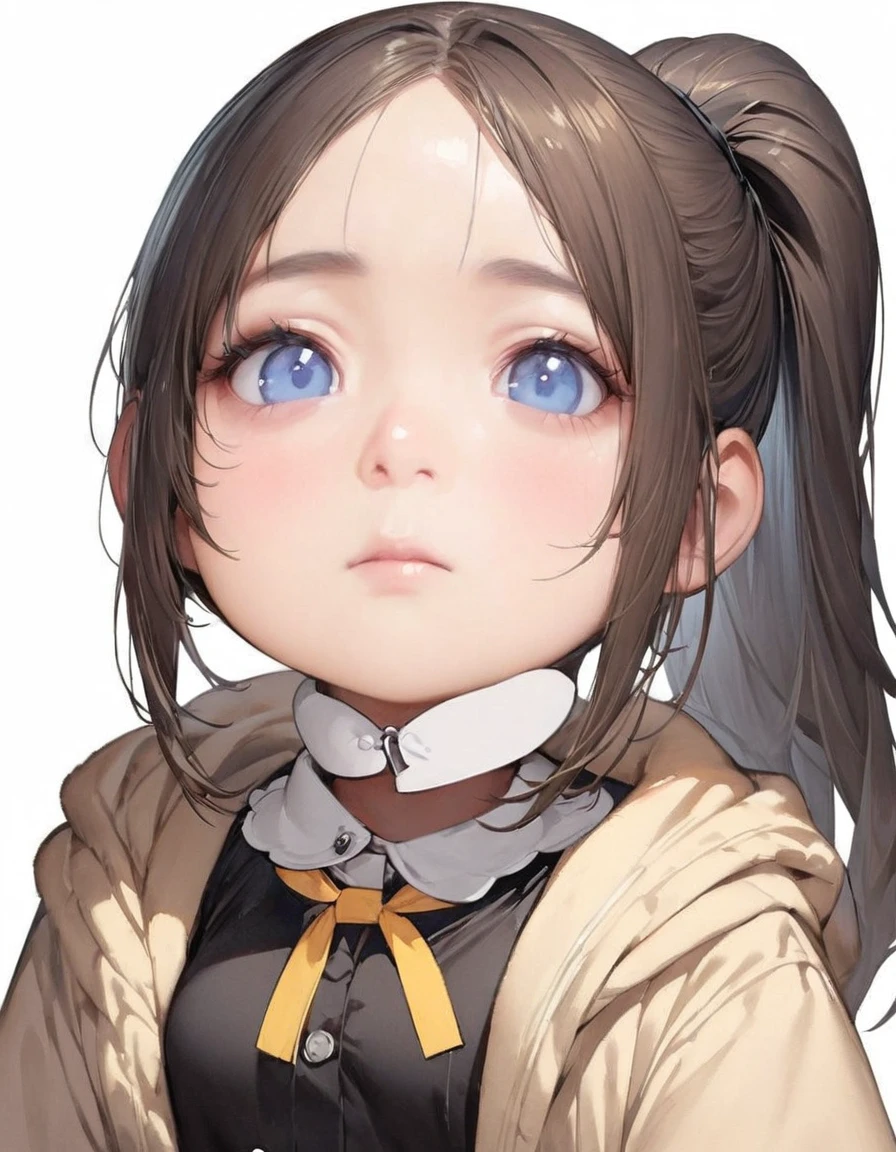 ((chibi)), big head, focus face, flat avatar, (masterpiece:1.2, highest quality), (Realistic, photoRealistic:1.4), Beautiful illustrations, (Natural Side Lighting, Cinema Lighting), Written boundary depth, Beautiful thighs staring at the viewer, 1 female, 20-year-old, alone, thin, slender, (small breasts), anime girl in a short red check skirt and Black blouse with formal collar ((yellow tie)), ((white sox)), yellow cardigan, ((Blue eyes)), Messy hair, High ponytail, hanayamata, single character full body, anime full body illustration, from girls frontline, full body single character, girls frontline style, anime vtuber full body model, render of april, full body with costume, full body illustration, visual novel sprite, fine details. girls frontline, White background