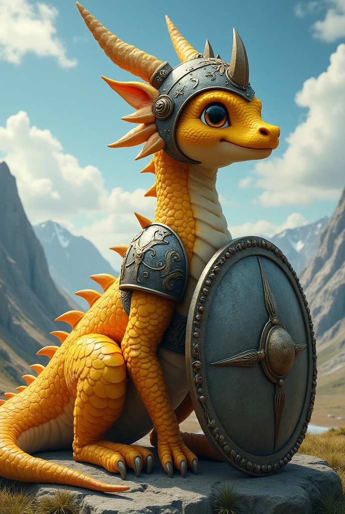 Make a realistic dragon, young and tender yellow one wearing Viking armor with his helmet and shield