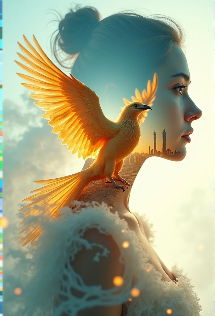 Double exposure: 1.5, (Ultra HD photo, sharp outline quality), Best quality, Realistic 8K stock photo, (Pretty girl's upper body silhouette in flowing fluffy dress looking at viewer_Closeup angle: 1.1), (Beautiful city background inside girl silhouette and flaming golden phoenix with gorgeous wings superimposed inside girl silhouette_Zoomed in on the center..), (Golden feathers spreading in the air with flapping wings_Dynamic angle), Outside the silhouette, left city is heaven, right blue beach, sunny day outdoor blue sky, fluffy clouds, halo, (Realistic photo image with vivid colors of vivid blue, white and gold), Outside the silhouette, background with blurred green shades in the margin: 1.2,