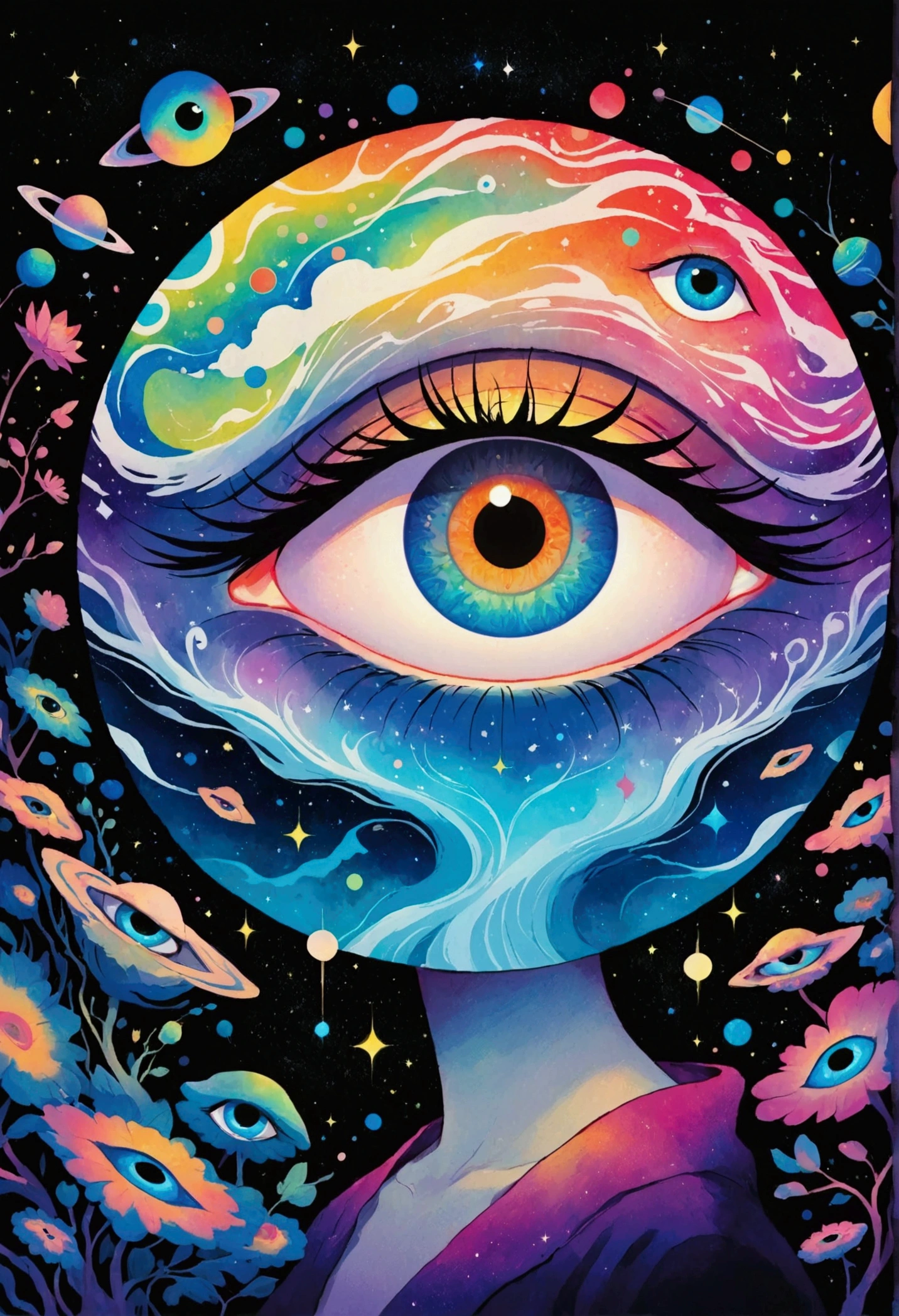 这幅画描绘了一个男人站在一颗五彩缤纷的Eye前, Murakami Chemical Illustrations, pixiv, Concept Art, Fantasy psychedelic anime, Color illustrations, Psychedelic illustration, Look into my eyes, Blurred dreamy illustration, humEyes, Blurred dream picture, Eye, 没有Eye, 睁大你的Eye, Eye of the Universe