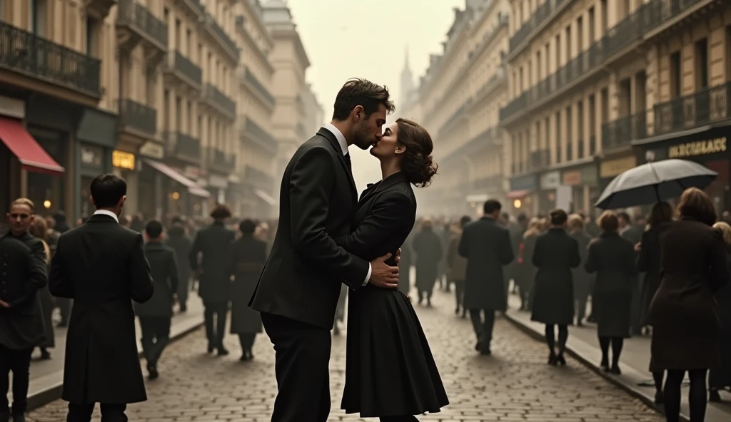 1914 Paris in chaos; couples kissing in the streets