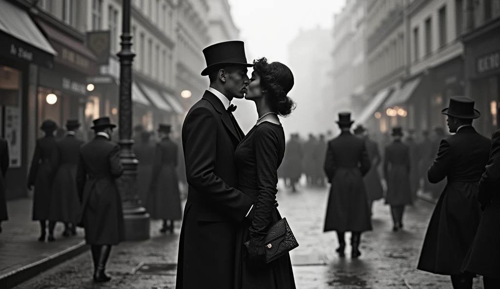1912 City of Paris in chaos; couples kissing in the streets
