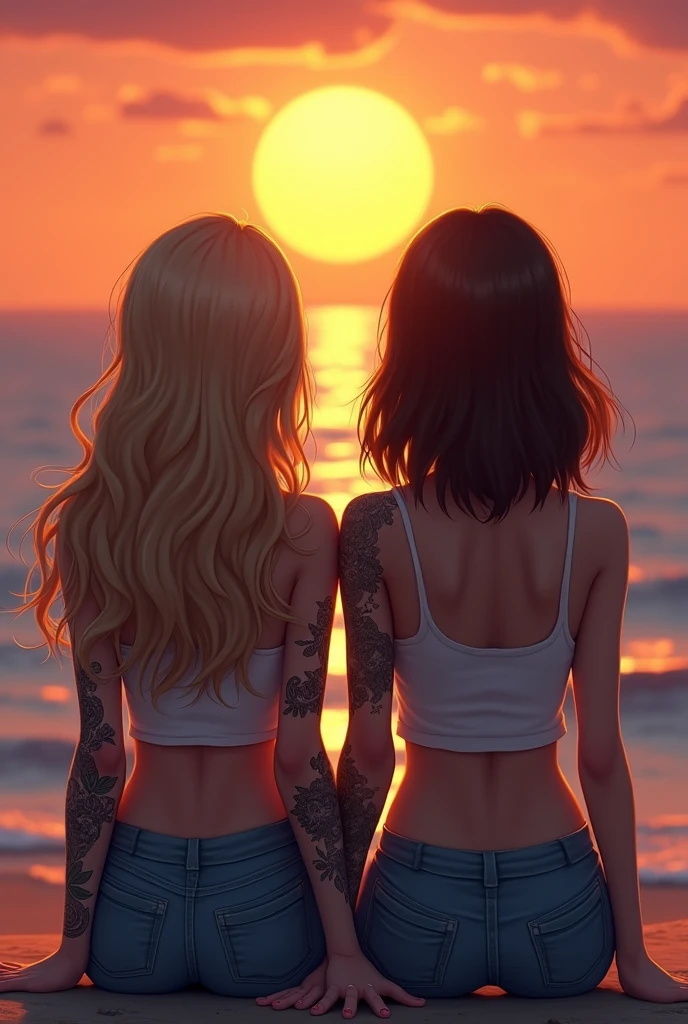 A couple of two girls watching the sunset, one girl has blonde hair and has a tattoo on her right arm, the tattoo is all over the arm, only one girl and the other has straight hair and the hair size is medium, the hair color is brown and watching the sea on a beach with the sunset without a skirt ,that they have normal clothes and that they don't have bangs,Only the blonde has the tattoo on just one arm and the blonde has long wavy hair and the one with brown hair has medium straight hair neither of them have bangs and only the blonde has the tattoo on her entire arm only the blonde has the tattoo on her arm and they both have to be sitting watching the sunset the one with brown hair has to have her hair a little bigger and straight the one with brown hair doesn't have tattoos remove the tattoos from the one with brown hair and give her hair a little bigger