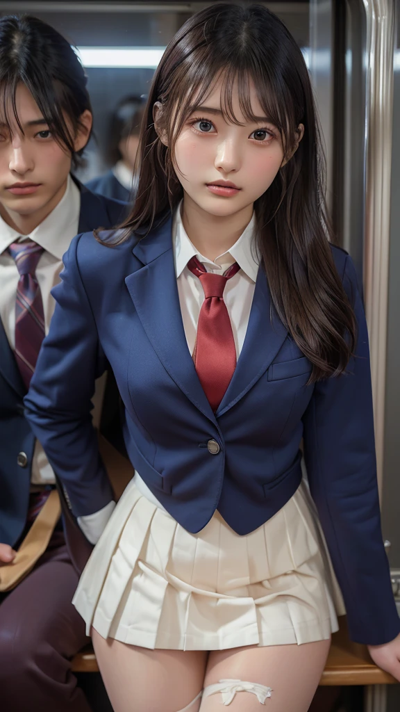 ((masterpiece, Highest quality, High resolution)), A Japanese high school girl and a man in his 40s wearing a suit、(Realistic: 1.4), Being molested、Embarrassed、Closed Mouth、Pointed Mouth、Shut your mouth.、Great face,Glossy Lips、, ponytail、(Beautiful Hair:1.5), Japanese High School Uniform、(Navy Blue Blazer、Navy blue jacket)、(White dress shirt)、(Red tie)、(Very short pleated skirt、Beautiful legs)、A man in a suit in his 40s commits a sexual assault、((on the train、Stand behind me、He is touching my breasts and ass violently.、))、The other passengers aren't looking.、Detailed and real fingers、Smooth, Highly detailed CG composite 8K wallpaper, High resolutionのRAWカラー写真, Professional photography, Light, BackLight, dream-like, impressive, Written boundary depth, (Face close-up:1.3)