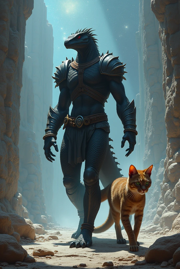 Super strong reptilian with black scales, wears simple silver armor on one side of the body. Beside him is a brown feline with domestic cat features.., your prisoner.
They walk along a platform in a medieval-themed space environment.