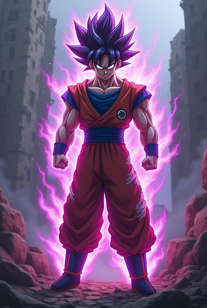 Son Goku from dragonball super with blank white eyes. in his Super Saiyan transformation, but the hair color is purple with streaks of red. He has dark purple and red glowing energy around him. A menacing atmosphere. His clothes are torn. His surrounding is destroyed. angry look, looks straight at us. full body is visible