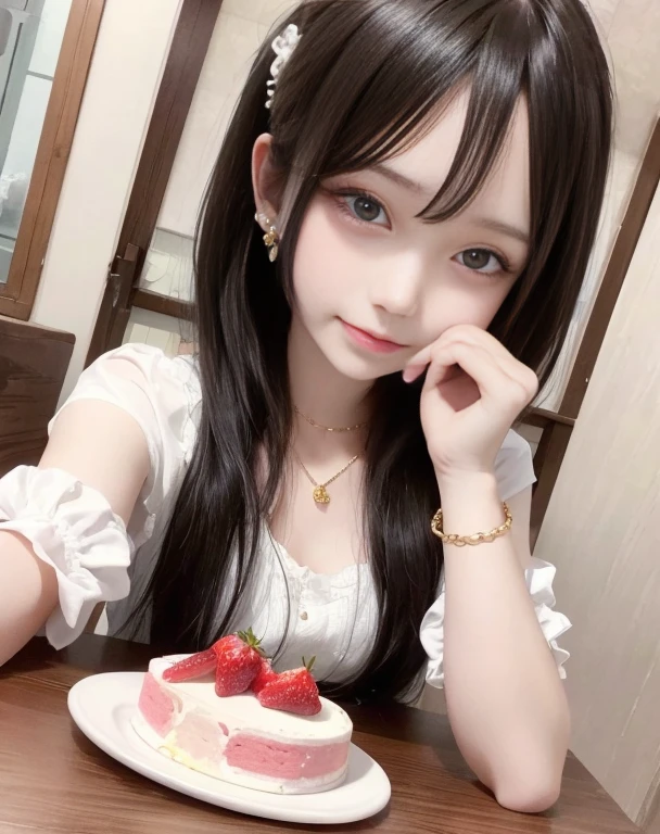 On the table、high resolution、Cake Shop、Cake maker、30-year-old girl、Smiling at the camera、Complete as shown、Fair and beautiful skin、Interior coloring、Hair should be tied up、Slim、Anklets、