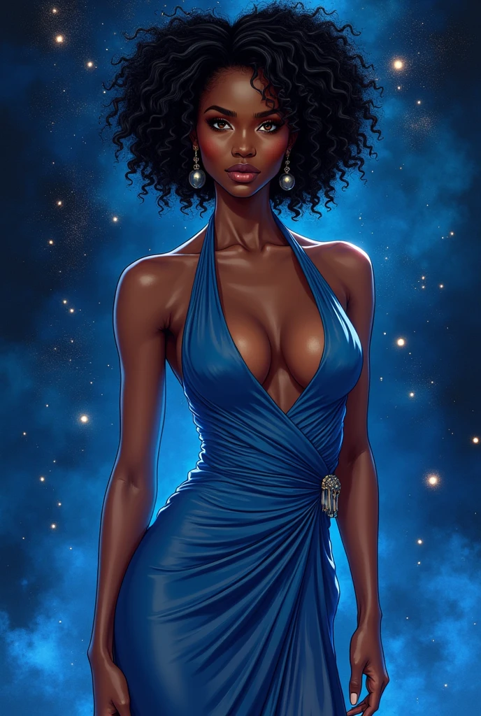 Pino Daeni, (1golden filigree clock), ((beautiful black Ethiopian woman ))clear defined facial features, soft black hair, stunning brown eyes, attractive hourglass figure, fitted blue sheer wrap dress, celestial, astrotraveler, painted illustrations, (((dark sienna skintone))), sparkling stars in a dark blue galaxy, ornate masterpiece, Korean comic realism, cinematic, crystallography by Friedrich Haag, medium camera shot, high angle, tessellation by Maurits Cornelis Escher, zodiak, intricate details, depth of field, by Kay Nielsen, Diane Dillon, Julie de Graag, vibrant night sky colors, nightcore, femme fatale, 16K, best quality 