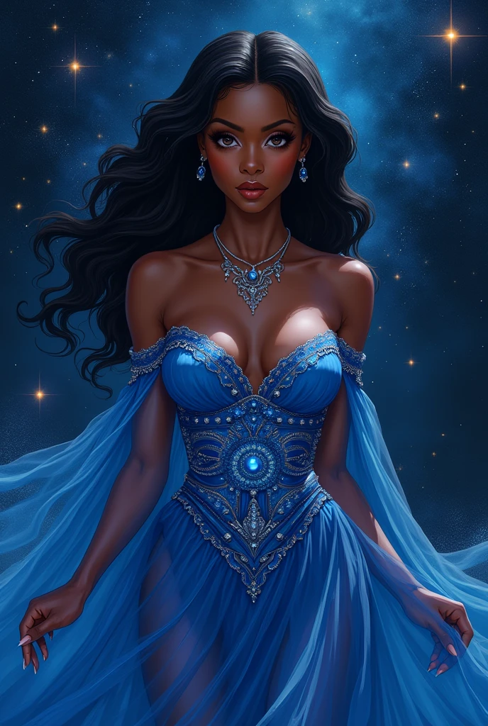 Brown skin Black woman with long 80s style black hair wearing a poofy 80s fantasy style midnight blue ball gown with stars on it. A headpiece with stars on her head