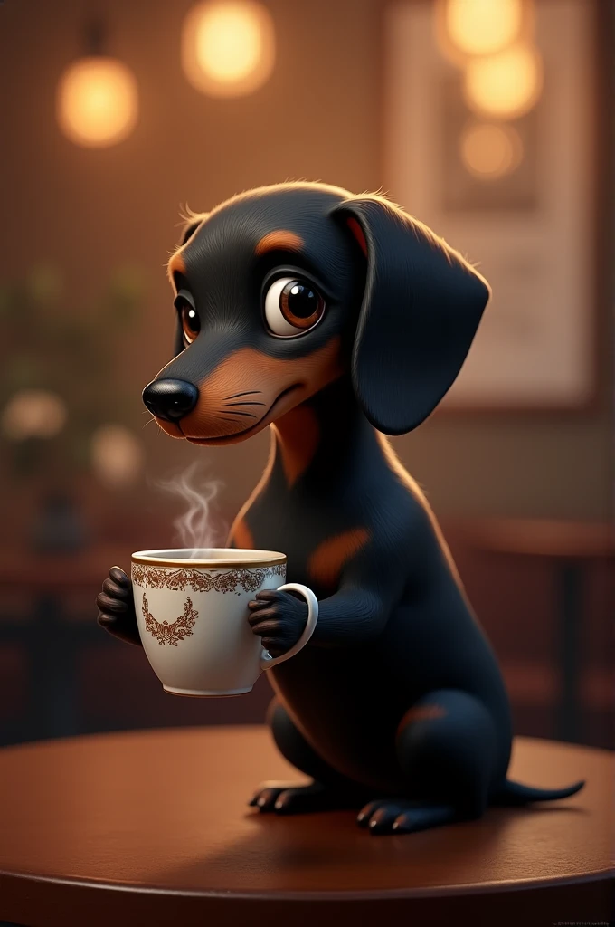 Black dachshund drinking coffee