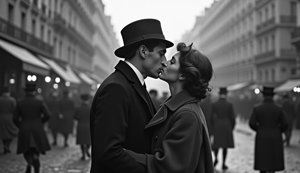 1914 Paris in chaos; couples kissing in the streets