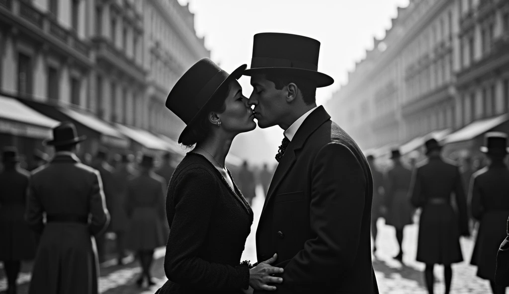 1914 Paris in chaos; couples kissing in the streets