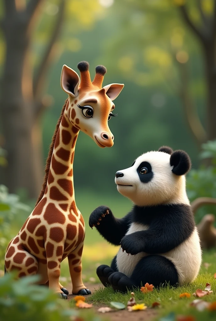 Giraffe talking to panda, horizontal photo 16:9