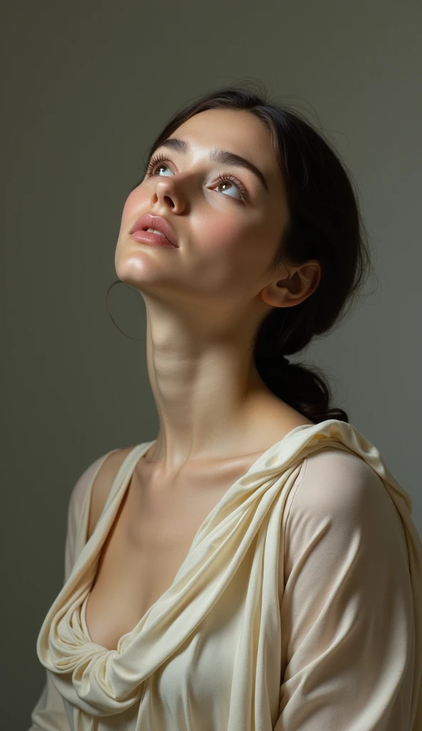 A Greek female face looks up, ((small breasts covered))
