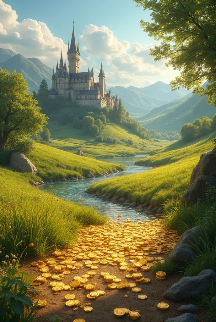 A countryside area with a castle in the distance with gold coins and gold bars on the ground
