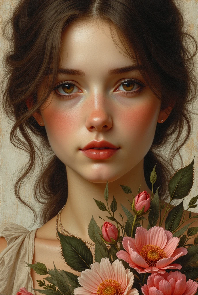 Hello, can you help me create a macro Close-up of a Renaissance drawing with sanguine, of a young woman from Florence, wealthy, extremely beautiful, holding a bouquet of flowers in her hands, the details of the sgraffito, masterfully handled, beautiful chiaroscuro by Raphael Sanzio, photorealistic, 8K, thanks