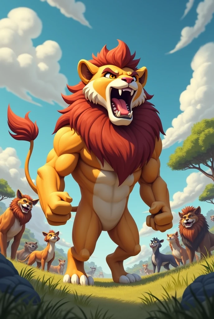 Detailed picture of a confident man anthro, (Lion, powerful body) standing proudly on the middle of the savanna, roaring with his mouth wide open. trending on Art Station, Ross Tran, ruan jia, foxovh, ((determined expression, the other animals are clapping and cheering in the background, cartoon