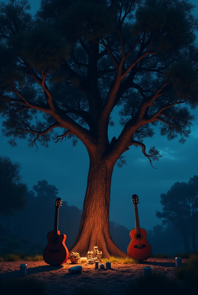 Big tree at night , a guitar , tololoche and beer cans