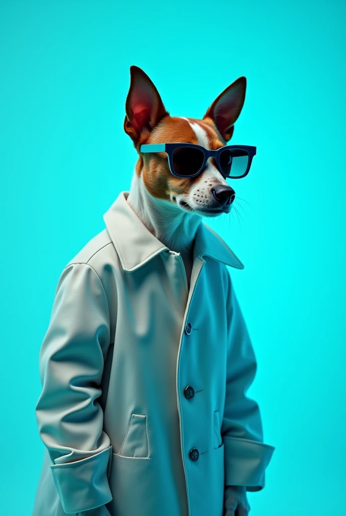 The best cell phone wallpaper, Award-Winning Wallpaper, portrait photography, In the front view is a portrait of a cute dog wearing mid-1960s space age fashion, Side view photo, Shot with Canon EOS R5, Set a strong contrast that accentuates the subject, Fluorescent blue tone, Wearing a very modern coat and sunglasses is a modern 1960s style, Clothes all in one color, beautiful background