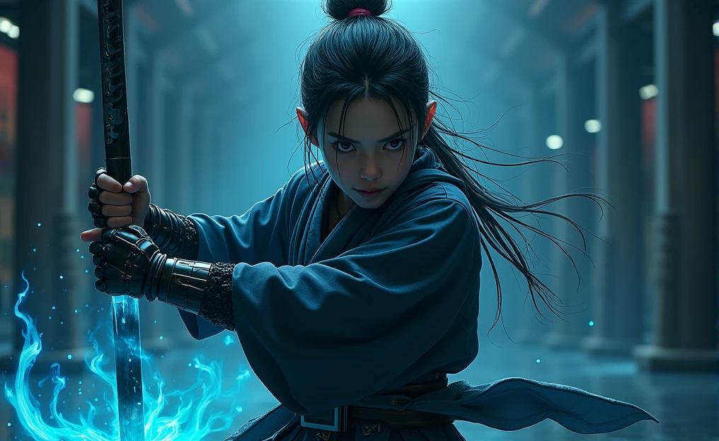 The figure of a samurai boy wielding a katana that seems to be permeated by a dark energy, The girl is Asian with an unreal pale complexion, Deep black eyes, with a determined look, long hair tied with the water flows, His clothes look like they're from some kind of robot., the background is cyberpunk black with unreal dark blue flashes