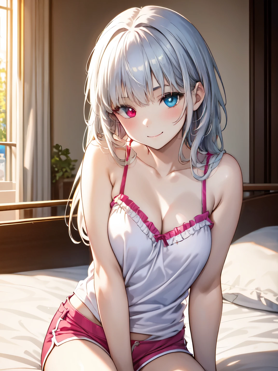 Highest quality,Otome、Shooting from the front、smile、indoor、High resolution、sitting、Bedroom、Bed、Luminous_Valentine,High resolution、 (Heterochromia iridis、Red Eye:1.4、blue eyes:1.3), Round eyes, Beautiful eyelashes, Realistic eyes、 綺麗な魅力的な白Silver Hair、Long Hair、Silver Hair、Beautiful and attractive red-blue eyes、smile、Closed Mouth、smile、Pink camisole、Pink shorts、Cute pajamas、Frilly pajamas、Beautiful Eyes, Sharp pupils, Sharp focus, (Very detailed, bloom, Shine)、(Genuine、Realistic、Realistic:1.5)、High resolution、超High resolution