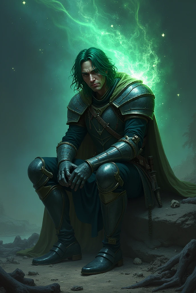This man has almond shaped eyes, square face, green eyes, wavy hair.,offwhite,has a sword and aura,and he doesn't have a beard,It's Night,knight clothes,e It's Night em um ambiente vazio com ossos ,In an apocalyptic world,empty with little life,Hair forward ,smaller and potato nose,and the environment is dark,sem beard,e It's Night,is returning from a battle exhausted,Eland he doesn't have a beard,he has smooth, hairless skin,has no mustache,He doesn't have a beard,he also has weapons in his belt.,sem esse cabelo enorme e sem beard por favor.both with cosmic powers and auras,and show me sitting on a rock after having lost a battle