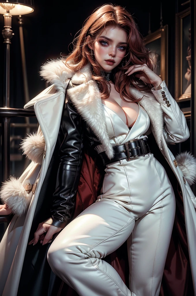 a beautiful young woman with long red hair, lora_Emma, (black high waist leather pants), (formal white top with cleavage), waist belt, a white fur coat, (red shaded sunglasses), leather boots, standing outside,(best quality,4k,8k,highres,masterpiece:1.2),ultra-detailed,(realistic,photorealistic,photo-realistic:1.37),detailed face, detailed eyes, detailed lips, long eyelashes, beauty, fashion, portrait, glamorous, elegant, studio lighting, dramatic lighting, high contrast, vivid colors, cinematic,xuer white fur coat, coat on shoulders