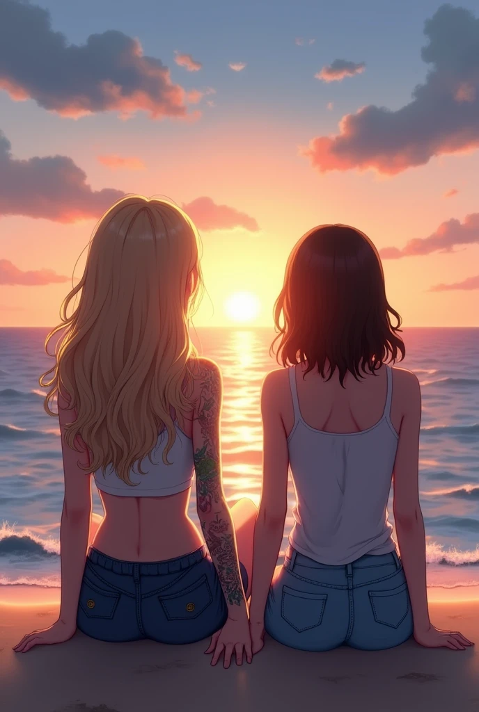 A couple of two girls watching the sunset, one girl has blonde hair and has a tattoo on her right arm, the tattoo is all over the arm, only one girl and the other has straight hair and the hair size is medium, the hair color is brown and watching the sea on a beach with the sunset without a skirt ,that they have normal clothes and that they don't have bangs,only the blonde has the tattoo on only one arm and the blonde has long wavy hair and the one with brown hair has medium straight hair neither of them have bangs and only the blonde has the tattoo on her entire arm only the blonde has the tattoo on her arm and they both have to be sitting watching the sunset the one with brown hair has to have her hair a little bigger and straight the one with brown hair doesn't have tattoos remove the tattoos from the one with brown hair and make her hair a little bigger make it a little less realistic and remove the tattoos from the one with short hair and brown hair