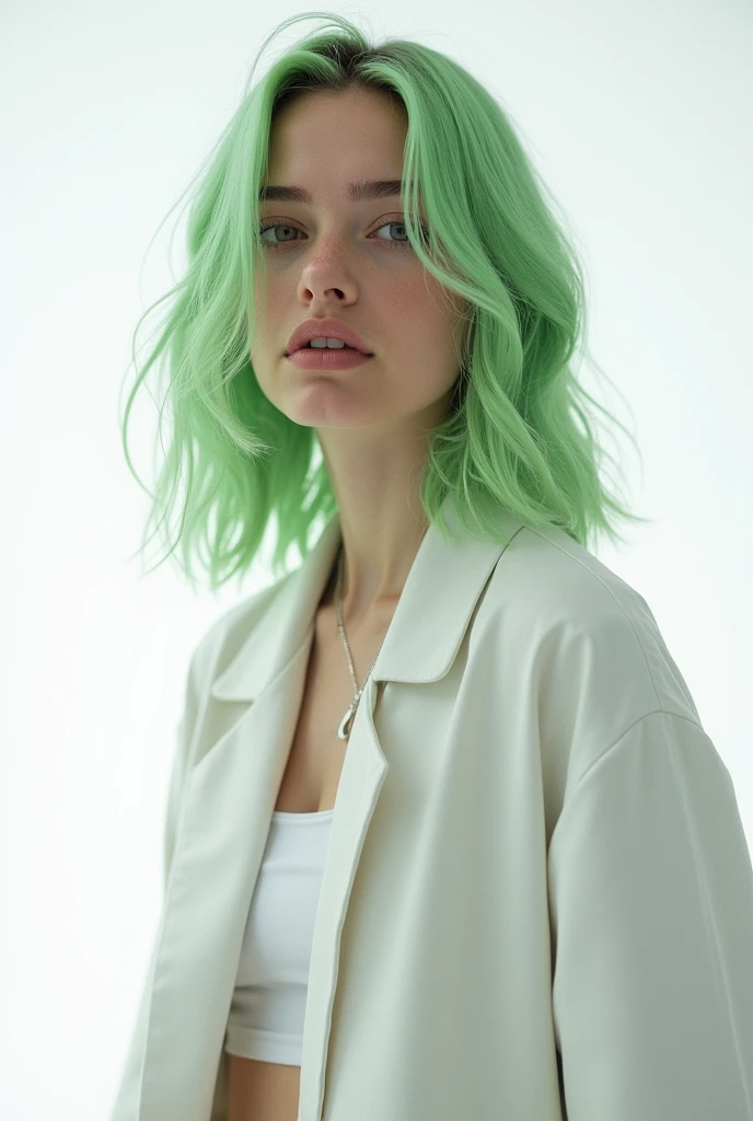 a photo of billie eilish posing on a white background

