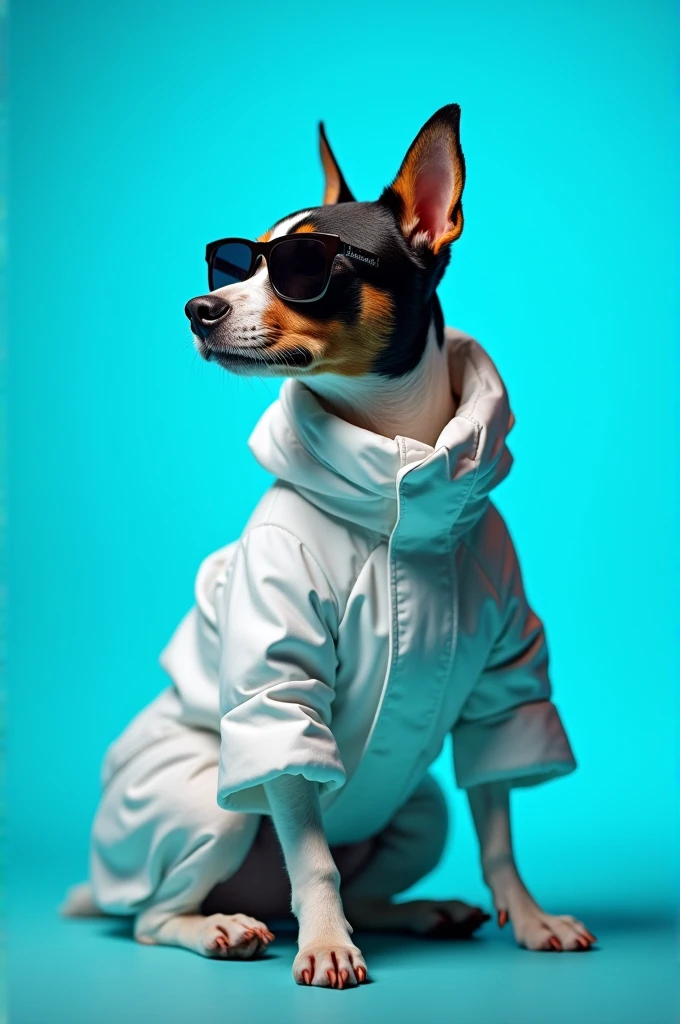 The best cell phone wallpaper, Award-Winning Wallpaper, portrait photography, In the front view is a portrait of a cute dog wearing mid-1960s space age fashion, Side view photo, Shot with Canon EOS R5, Set a strong contrast that accentuates the subject, Fluorescent blue tone, Wearing a very modern coat and sunglasses is a modern 1960s style, Clothes all in one color, beautiful background