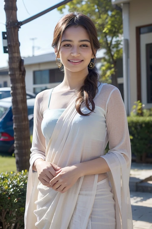 Best quality, masterpiece, ultra high res, (photorealistic:1.4), raw photo, one young Indian woman looking into camera and smile in saree, outdoor