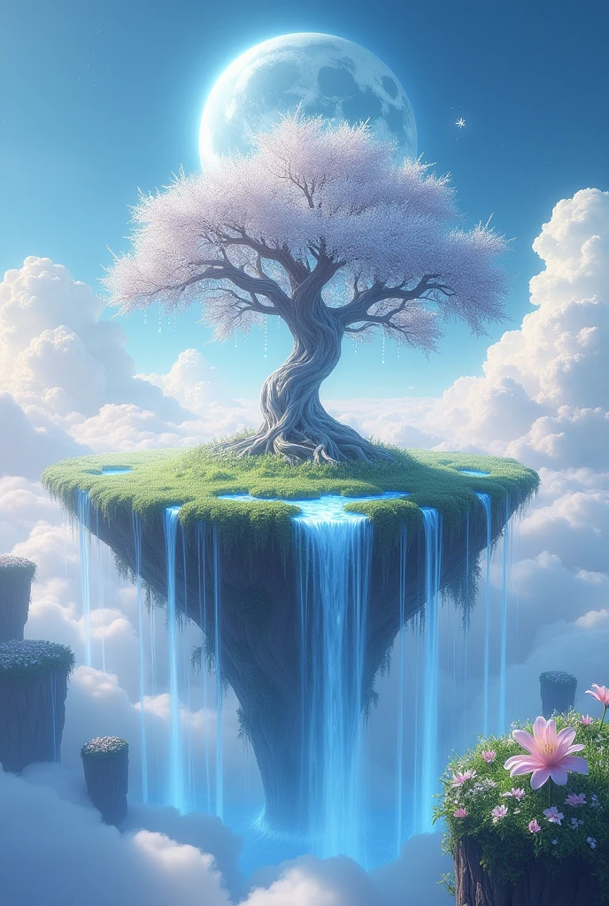 “Illustrate a floating island high above the clouds, suspended in the sky by cascading waterfalls that flow endlessly into the mist below. The island is covered in a carpet of soft, luminescent grass that glows faintly in pastel shades of blue and pink. At the center of the island stands a grand, ancient tree with shimmering, silver leaves that reflect the light of a large, crescent moon hanging low in the sky. Surrounding the tree are delicate, glass-like flowers that sparkle with dewdrops. The