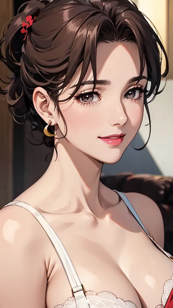 beauty,Mature,sexly,Married Woman,White collar,bangs,Brown curly hair,Big breasts,cleavage,Face red,Smile,lipstick,Upper body close-up,Crescent shaped earrings,Xiang Lian,Nipple showing
