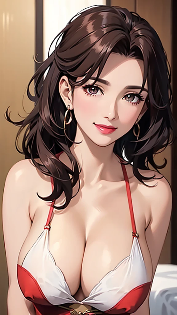 beauty,Mature,sexly,Married Woman,White collar,bangs,Brown curly hair,Big breasts,cleavage,Face red,Smile,lipstick,Upper body close-up,Crescent shaped earrings,Xiang Lian,Nipple showing
