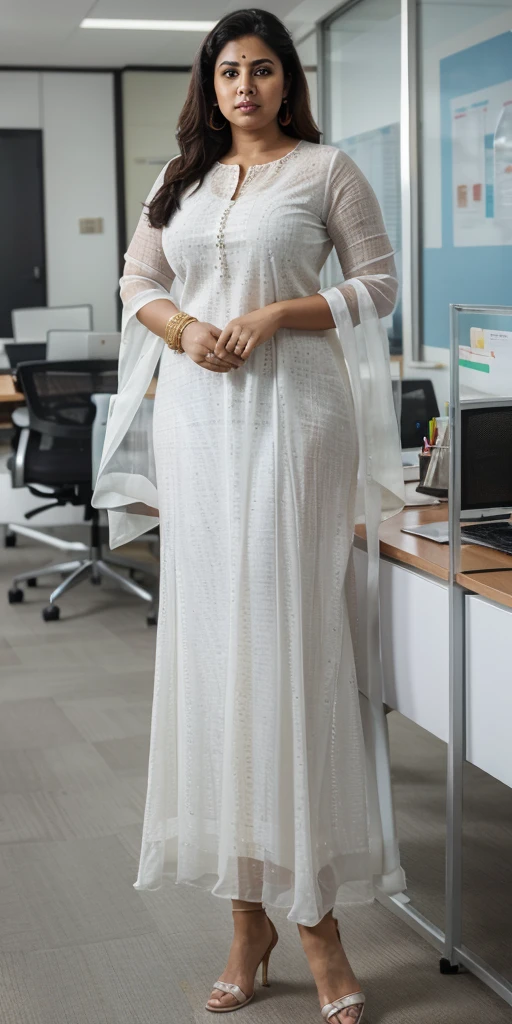 Day scene, A radiant, full-figured South Indian 3 aunty a white colour chiffon fully transparent kurta, bra visible through kurta, ,standing, in a office captured in a full-body image with vibrant hues and meticulous details. Full body image