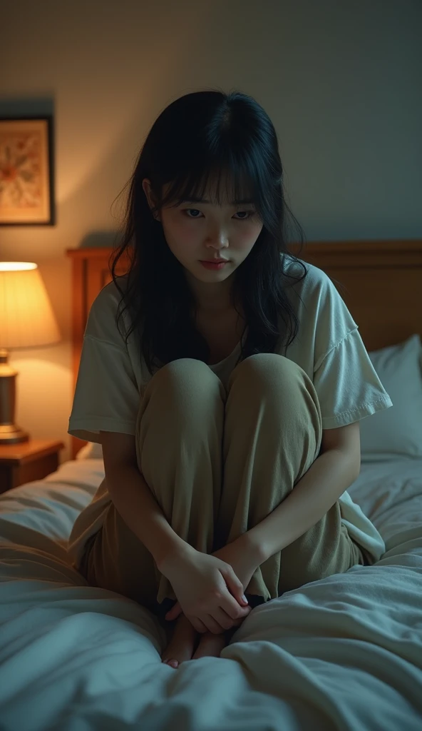 Not feeling good,Asian women, A little overweight, Warm colors, full body, sit on the bed