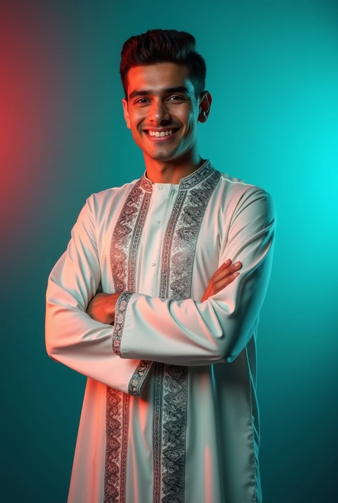 A young man with dark hair and a confident smile. He is dressed in a Arabic Jubba . The man is positioned against aqua colour backdrop with a subtle red lighting on the left side. and he posing for Linkedin profile