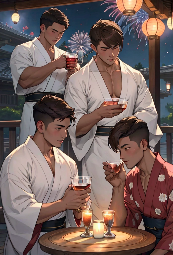 Highest quality、short hair、Sports haircut、Four muscular men in yukatas are drinking alcohol on the veranda、Surrounded by a round table、firework、Brown Skin、Upper body naked