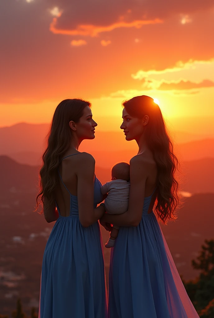 Women watching sunset on helipad,blue dress, with 