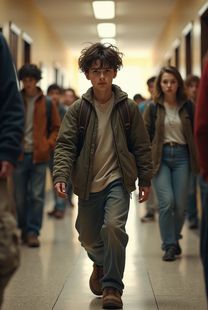 A Boy dressed in worn-out clothes, is walking through a college hallway. His appearance is modest, with unkempt hair and an old, slightly tattered backpack slung over his shoulder. The hallway is filled with students, some laughing and others giving him dismissive looks. The atmosphere should feel a bit tense, highlighting the social divide. Zain’s expression is calm and focused, showing resilience despite the mocking stares around him