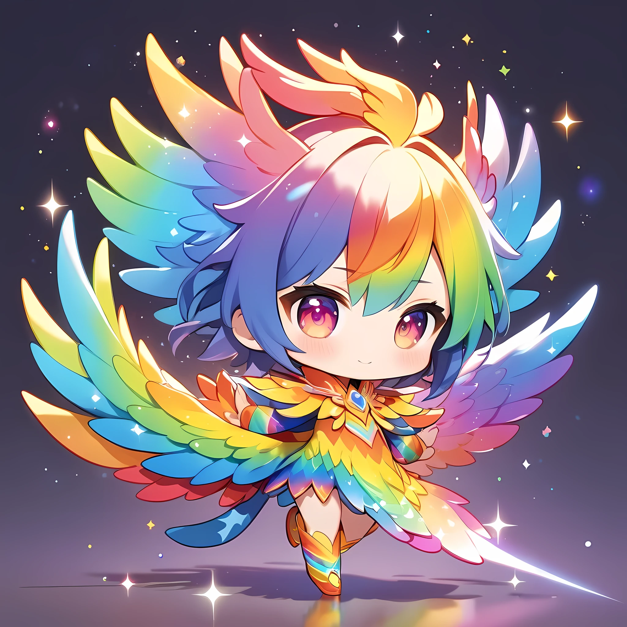 ultra-small deformation, Chibi Cute, 1girl, solo, full body, Flying in a Rainbow Phoenix costume, Rainbow sparkling particles, simple background