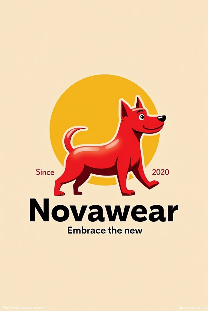 a logo for my fashion brand which named novawear, try to add red and yellow color, logo must have dog, slogan is embrace the new, must have the text since 2020