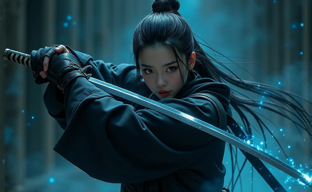 The figure of a young samurai wielding a katana that seems to be permeated by a dark energy, The girl is Asian with an unreal pale complexion, Deep black eyes, with a determined look, long hair tied with the water flows, His clothes look like they&#39;re from some kind of robot., the background is cyberpunk black with unreal dark blue flashes