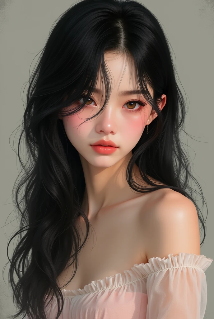 long bangs and long black hair with a pink strand on the left, warm beige skin tone, almond tired brown dark eyes with long lashes, straight full eyebrows, bridge nose, small long pink lips, v shaped face, height 5’2, weight 43kg, hourglass body, skinny, chest B cup