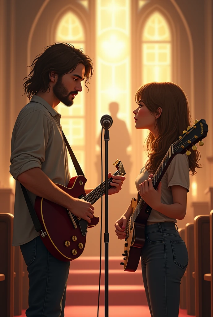 I want a young man with long hair, sem beard, with a Gibson Les Paul electric guitar and in front of it a microphone stand, He is looking to the side where there is a beautiful young woman with a guitar singing, both are in church, each one with their pedestal the young woman is looking forward and the young man looking to the side at her.